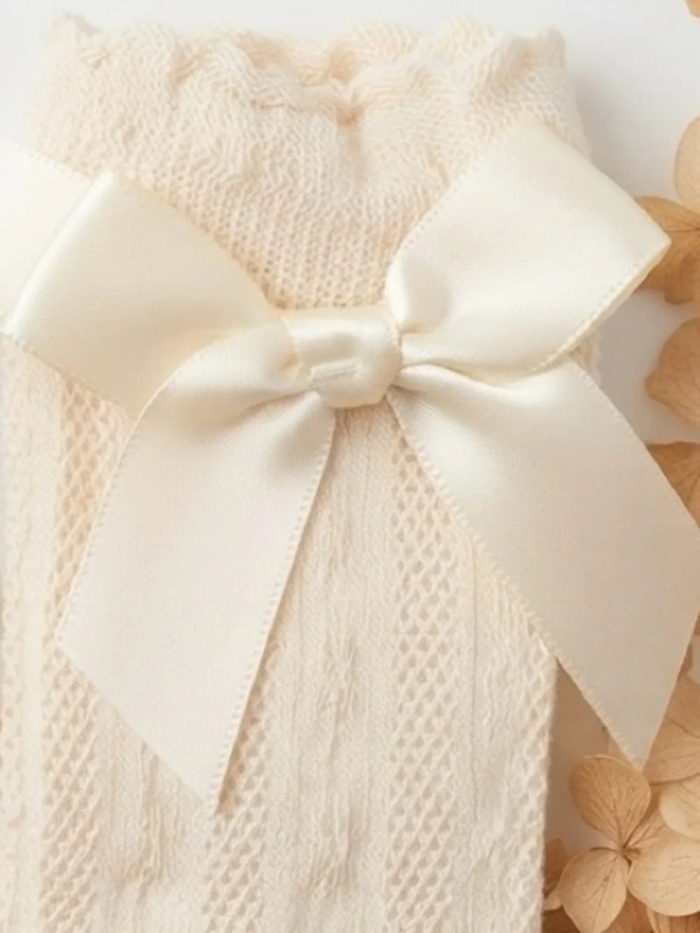 Cream Knit Toddler Socks with Satin Bows - Size 1-3 Years